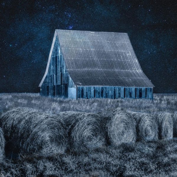 Blue Barn and Hay Rolls